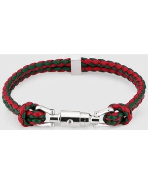 Gucci Braided Bracelet With Piston Detail, Size Xl, Leather - Red