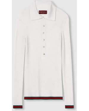 Gucci ウェブ ストライプ カシミア＆シルク ポロトップ, ホワイト, ウェア