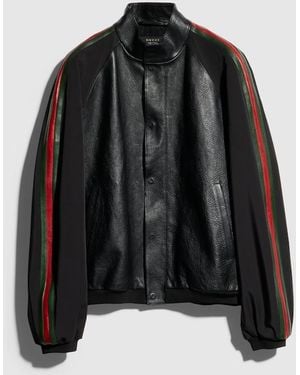 Gucci Leather Bomber Jacket With Web, Size 48 It, Ready-To-Wear - Black