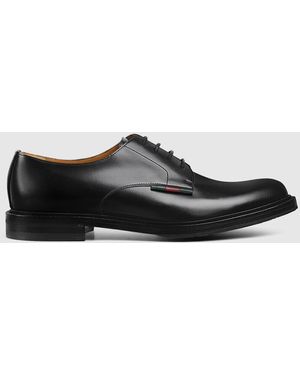 Gucci レザー ウェブ ストライプ付き メンズ レースアップシューズ, ブラック, レザー