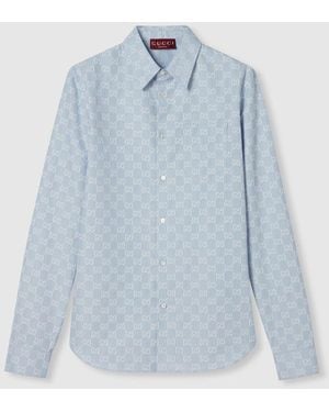 Gucci Striped Gg Cotton Jacquard Shirt, Size 14+ Ready-To-Wear - Blue