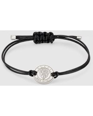 Gucci Crest Leather Cord Bracelet With Charm - Black