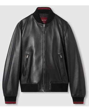 Gucci Leather Bomber Jacket With Web - Black