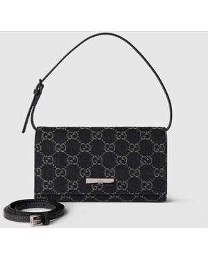 Gucci Small Pouch With Strap And Plaque, Fabric - Black