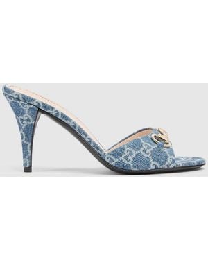 Gucci Slide Sandal With Horsebit, Fabric - Blue