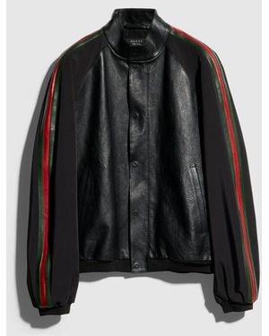 Gucci Leather Bomber Jacket With Web, Size 48 It, Ready-To-Wear - Black