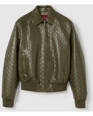 Gucci Embossed Gg Leather Bomber Jacket, Size 42 It, Ready-To-Wear - Green