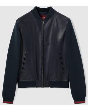 Gucci Nappa Leather And Knit Bomber Jacket - Blue