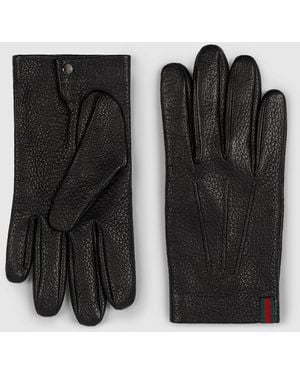 Gucci Grainy Leather Gloves With Web, Leather - Black
