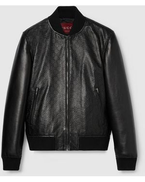 Gucci Embossed Gg Leather Bomber Jacket - Black