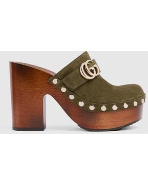 Gucci Platform Clog With Double G, Suede - Brown