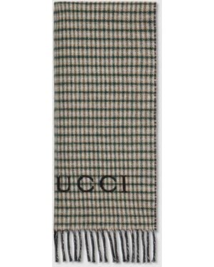 Gucci Tartan Cashmere Wool Scarf, Wool - Gray