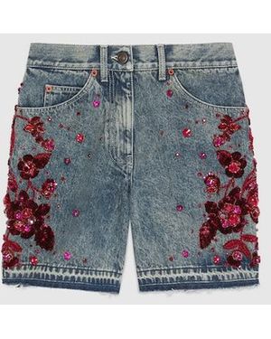 Gucci フローラル エンブロイダリー デニム ショートパンツ, ブルー, ウェア