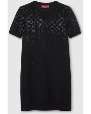 Gucci Fine Wool Dress With Gg Crystals - Black