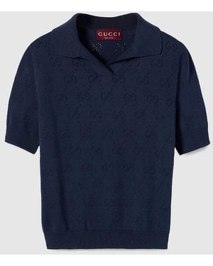 Gucci Gg Pointelle Cotton Silk Polo Shirt - Blue