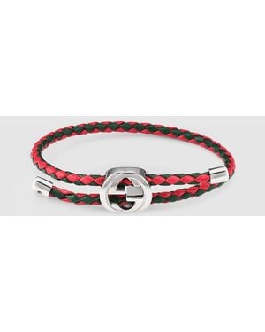 Gucci Braided Leather Bracelet With Web - Red