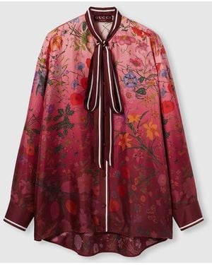 Gucci Printed Silk Shirt With Neck Bow - Red
