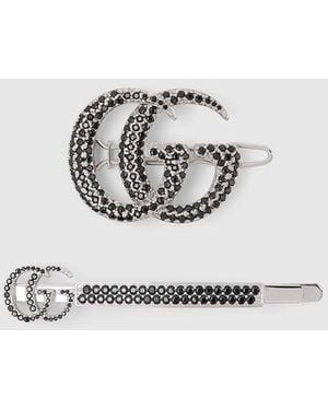 Gucci Double G Hair Slide Set With Crystals, Metal - Metallic