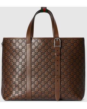 Gucci Gg Emblem Large Tote Bag, Leather - Brown