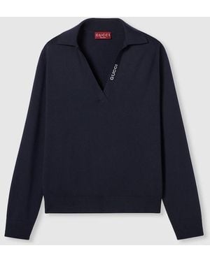 Gucci エクストラファインウール ポロトップ, ブルー, ウェア