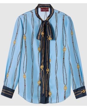 Gucci Printed Silk Twill Shirt - Blue