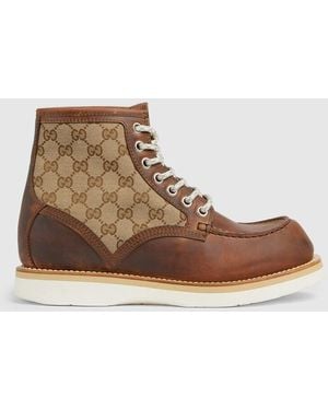 Gucci メンズ レースアップ アンクルブーツ, ベージュ, Ggキャンバス - ブラウン