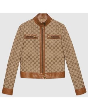 Gucci Gg Canvas Jacket With Leather Trim, Ready-To-Wear - Brown