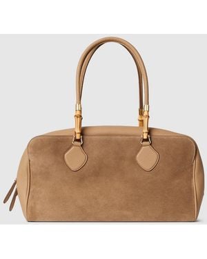 Gucci Large Boston Bag With Bamboo, Suede - Brown