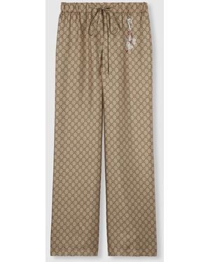 Gucci Gg Silk Twill Pants With Print, Ready-To-Wear - Natural