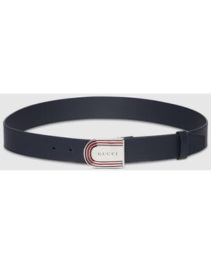 Gucci ラッカーフィニッシュ ウェブ ストライプ ディテール バックル 付き ベルト, ブルー, レザー