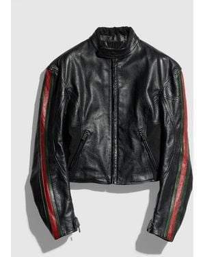 Gucci Leather Biker Jacket With Web, Size 48 It, Ready-To-Wear - Black