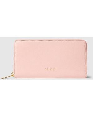 Gucci Zip Around Wallet With Lettering, Leather - Pink