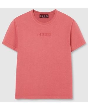 Gucci エンブロイダリー コットンジャージー Tシャツ, ピンク, ウェア