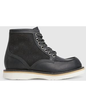 Gucci メンズ レースアップ アンクルブーツ, ブラック, Ggキャンバス