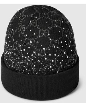 Gucci Gg Wool Beanie Hat With Crystals, Wool - Black
