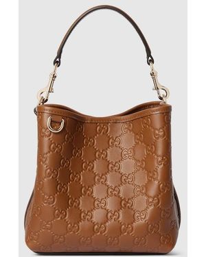Gucci 〔Ggエンブレム〕スモール バケットバッグ, ブラウン, レザー