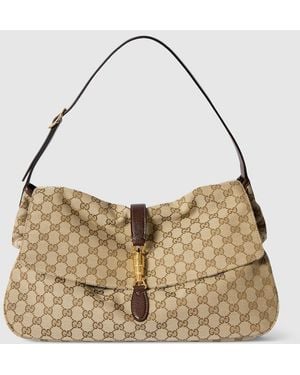 Gucci Large Crossbody Bag With Piston Closure, Gg Canvas - Metallic