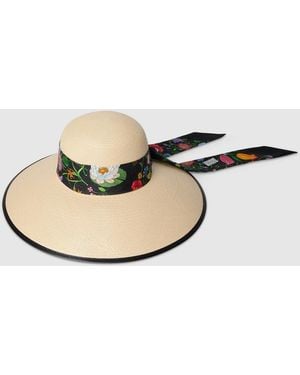 Gucci Panama Twill Hat With Silk Ribbon - Black