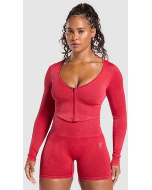 GYMSHARK Gains Seamless Washed Zip Up Jacket - Red