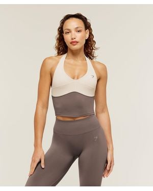 GYMSHARK Colour Block Halter Neck Tank With Shelf - Grey