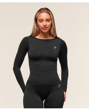 GYMSHARK Everyday Seamless Wide Neck Long Sleeve Top - Black