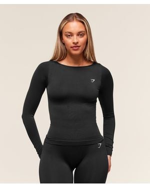 GYMSHARK Everyday Seamless Wide Neck Long Sleeve Top - Black