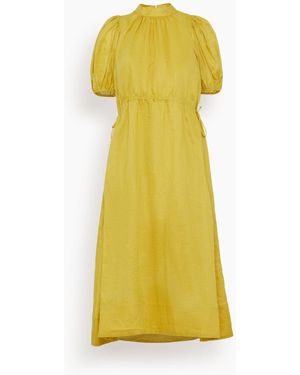Sea Anise Solid Puff Sleeve Midi Dress - Yellow
