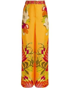 CAMILLA Silk Floral Wide-Leg Pants - Yellow