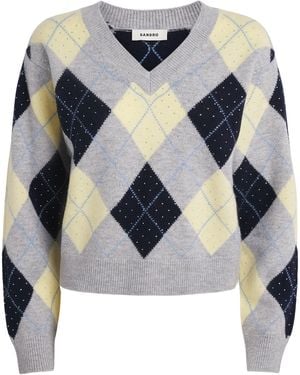 Sandro Wool Embellished Argyle Sweater - Blue