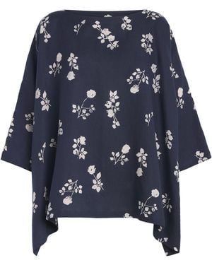 Eskandar Linen Floral Boat-Neck Blouse - Blue