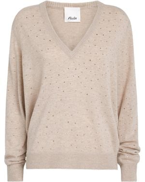 Allude Wool-Cashmere Crystal-Embellished V-Neck Jumper - Natural