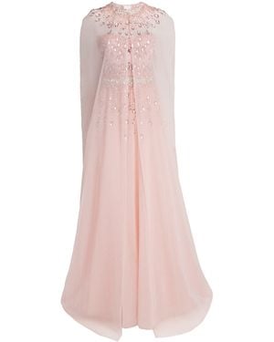 Pamella Roland Tulle Embellished Cape-Detail Gown - Pink