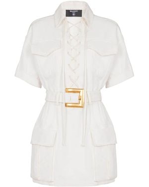 Balmain Cotton Belted Mini Dress - White
