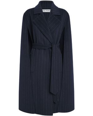 Wolk Morais Cashmere Pinstripe Tie-Waist Cape Coat - Blue